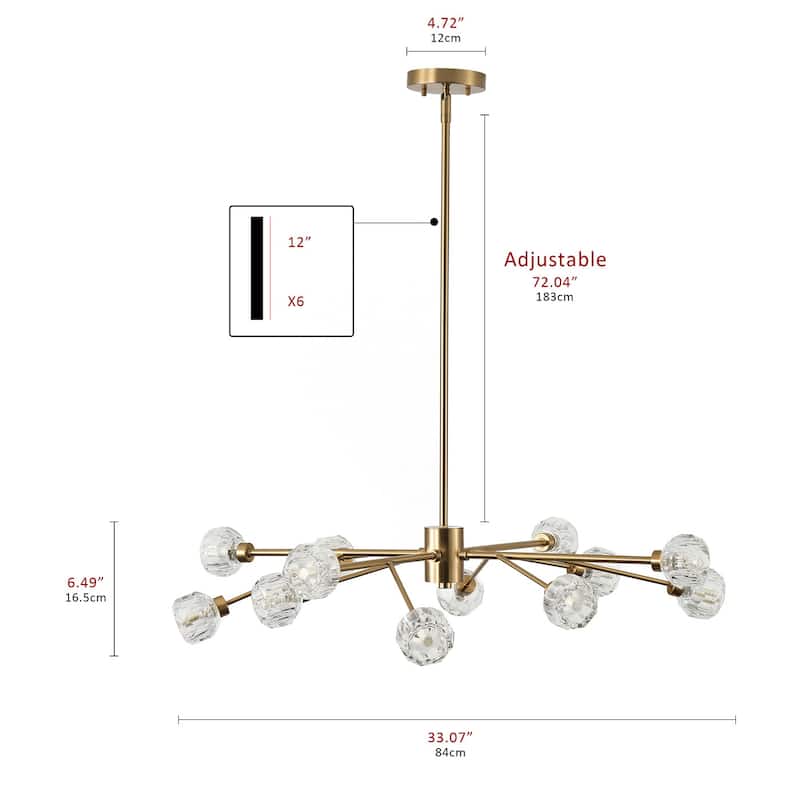Mid-Century Modern Brass 12-Light Clear Glass Sputnik Chandelier for Dining Room