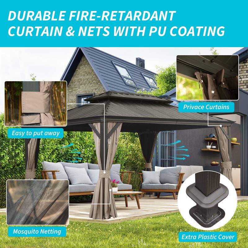 12' X 16' Hardtop Gazebo with Drainage System, Galvanized Steel Roof, Curtains, and Netting for Outdoor Use