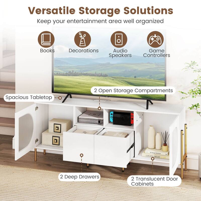 Costway TV Stand with Charging Station for 70” TVs, Fluted Doors & 2 - See Details