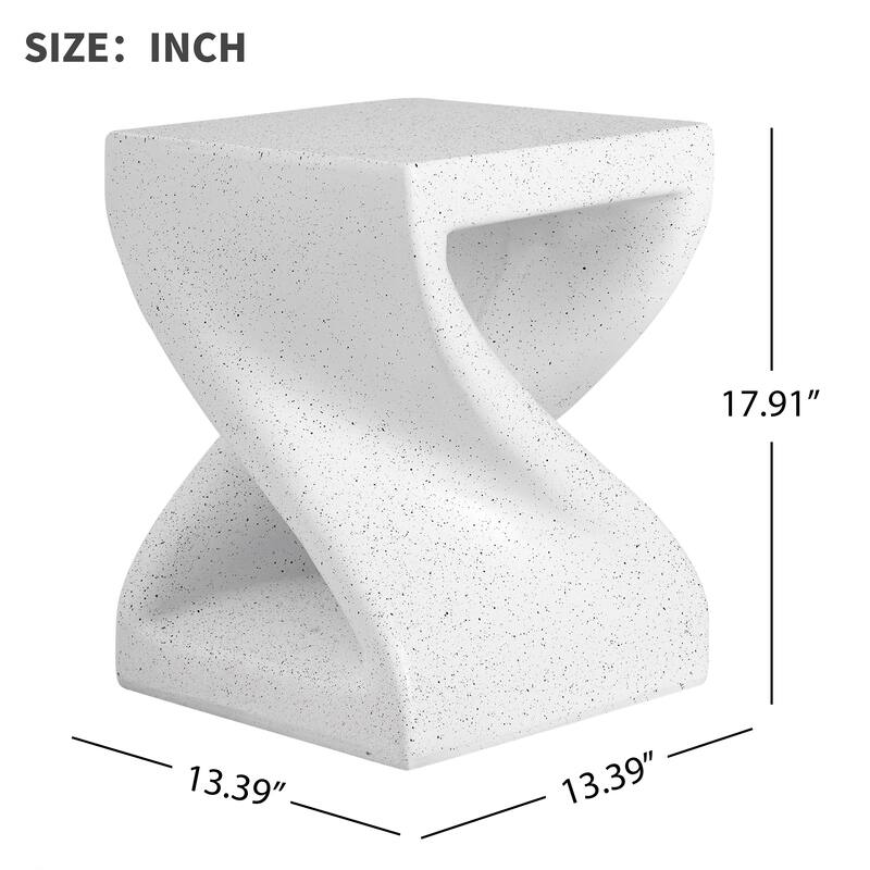Outdoor White Marble Modern Twisted-Base Terrazzo-Speckled All-Weather MGO Side Table, Indoor End Table for Home