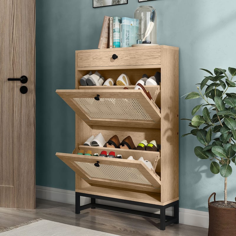 8 Pair Rattan Shoe Storage Cabinet 3 Drawers Shoe Rack - 23.6"L x 6.7"W x 38.2"H