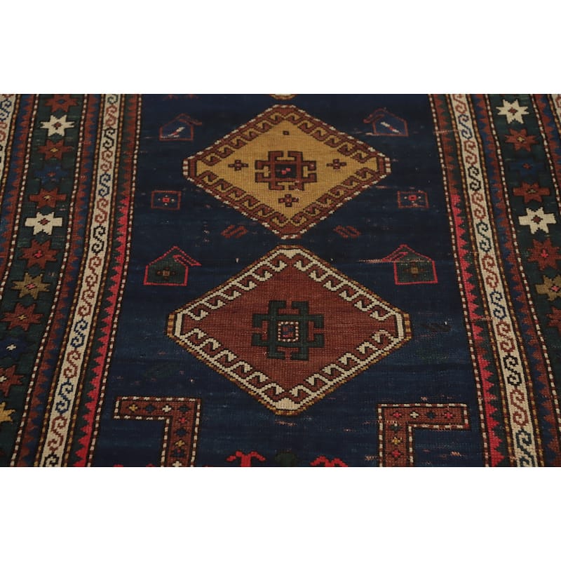 Hand Knotted Oriental 100% Wool Carpet Traditional Tribal Navy Blue & Blues Kazak Runner Rug - 6' 7'' X 3' 5''