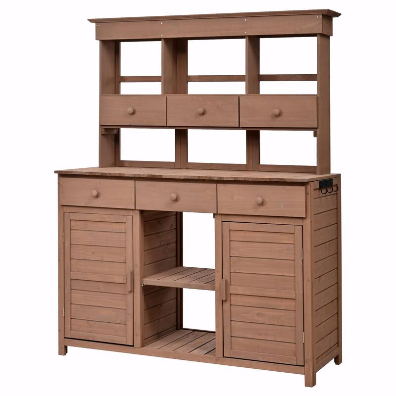 65.7'' Tall Garden Potting Bench - Patio Workstation with Hutch, 3 Shelves, 6 Drawers, 2 Cabinets & Side Hooks