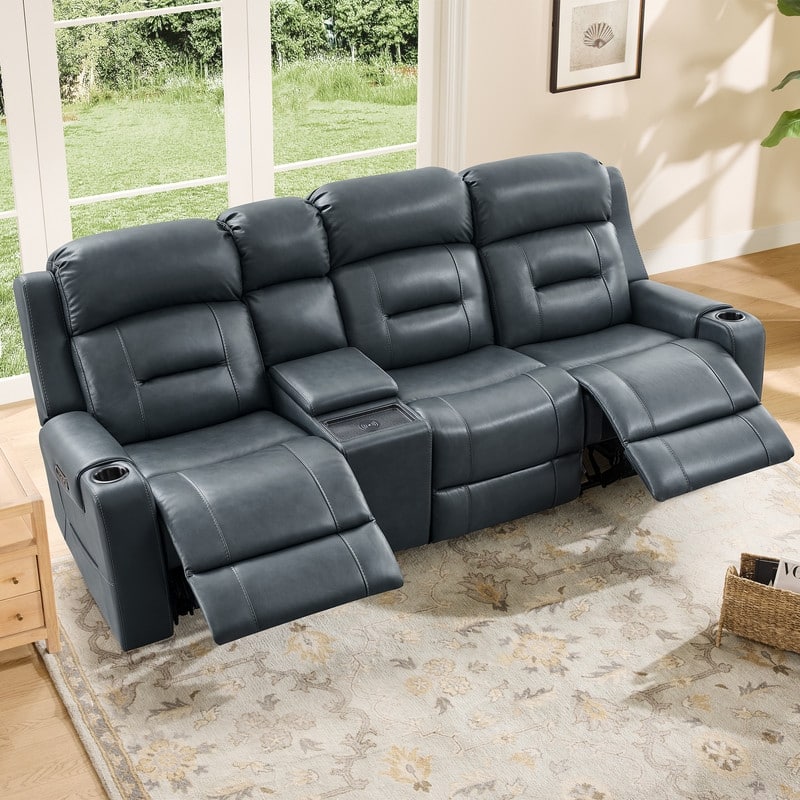 Spruce & Spring Genuine Leather Power Reclining Sofa with Wireless Charging - 3PC+Console - Navy