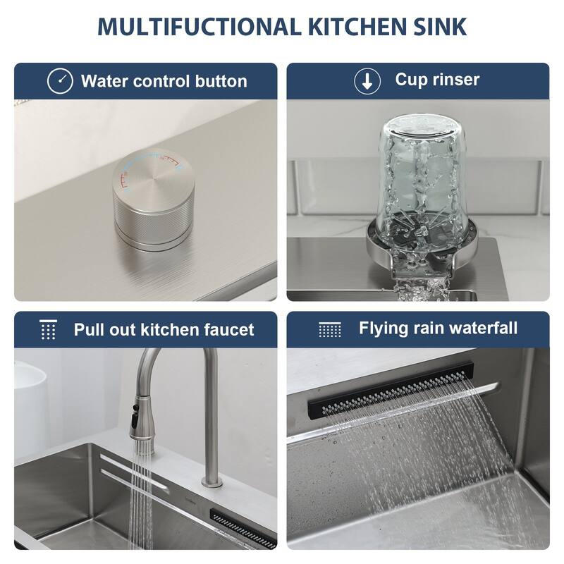 Lordear 31" Kitchen Sink Drop In Flying Rain Waterfall Stainless Steel Sink with Cup Washer and Pull Out Faucet