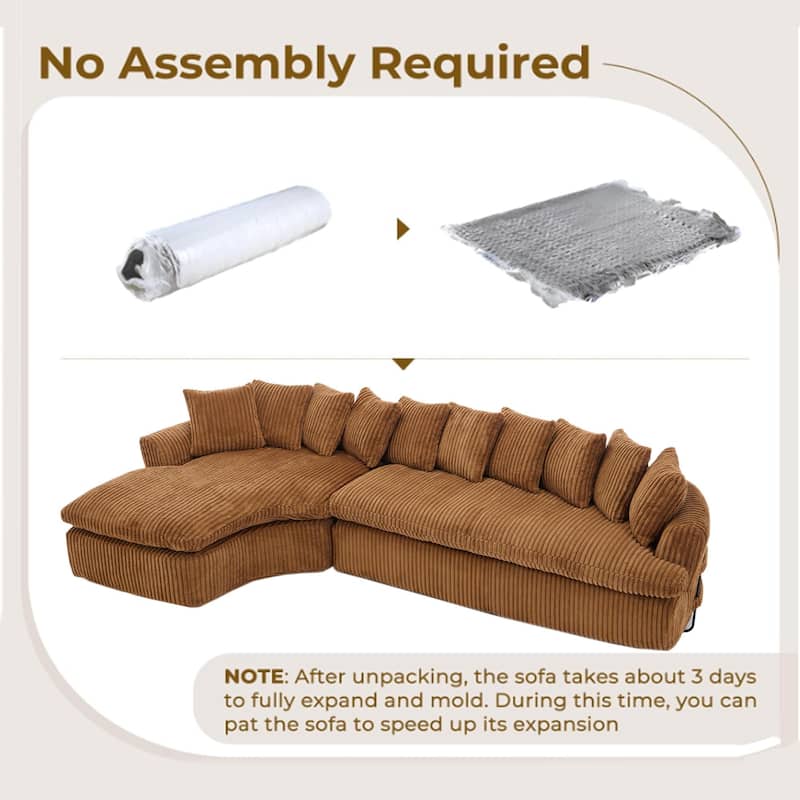 127"Corduroy L-Shaped Sectional Sofa with High-Resilience Foam, 10 Back Cushions, and No Assembly Required