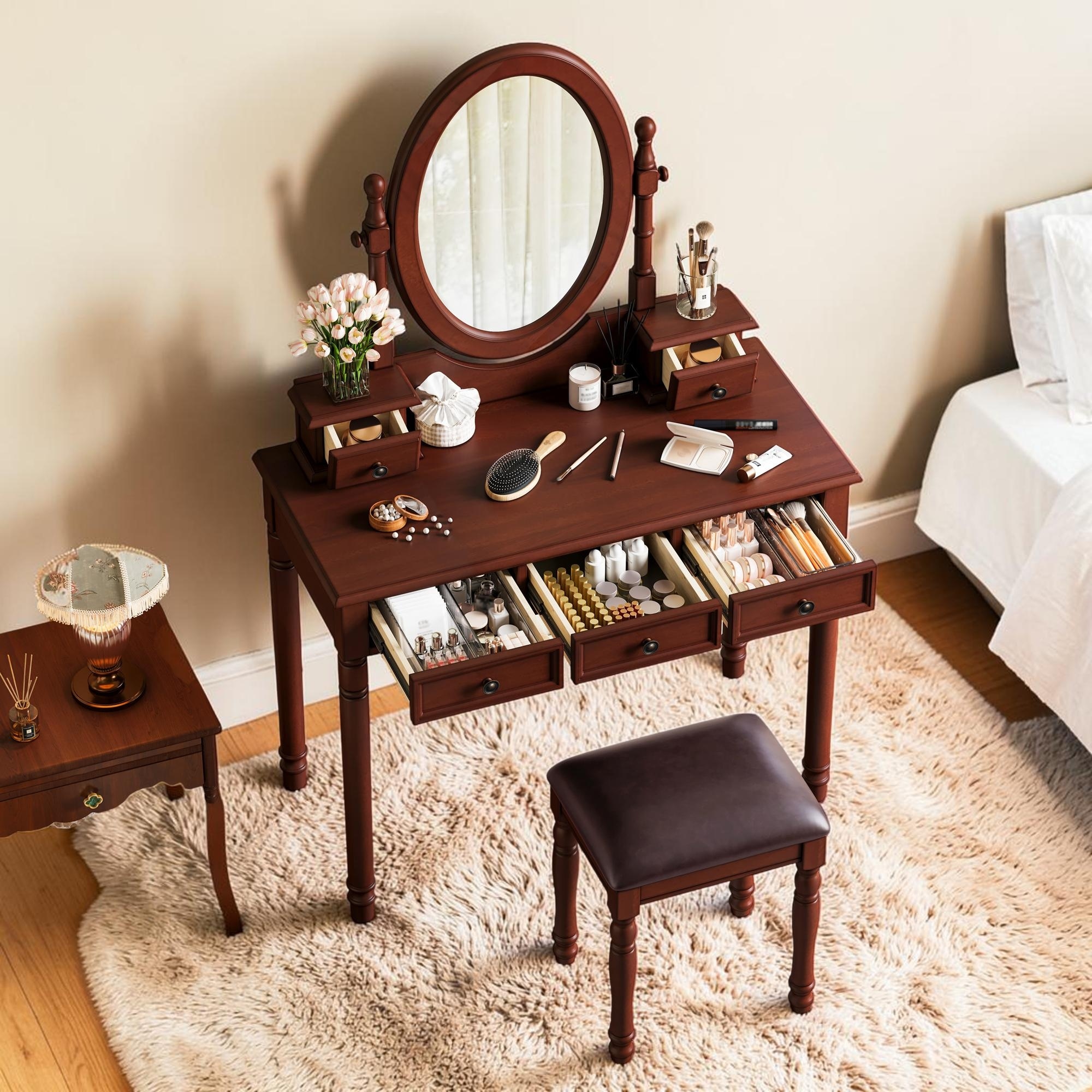Vintage Vanity Desk with Adjustable Mirror, 5 Drawers, Cushioned Stool, Wooden Makeup Table Set for Bedroom