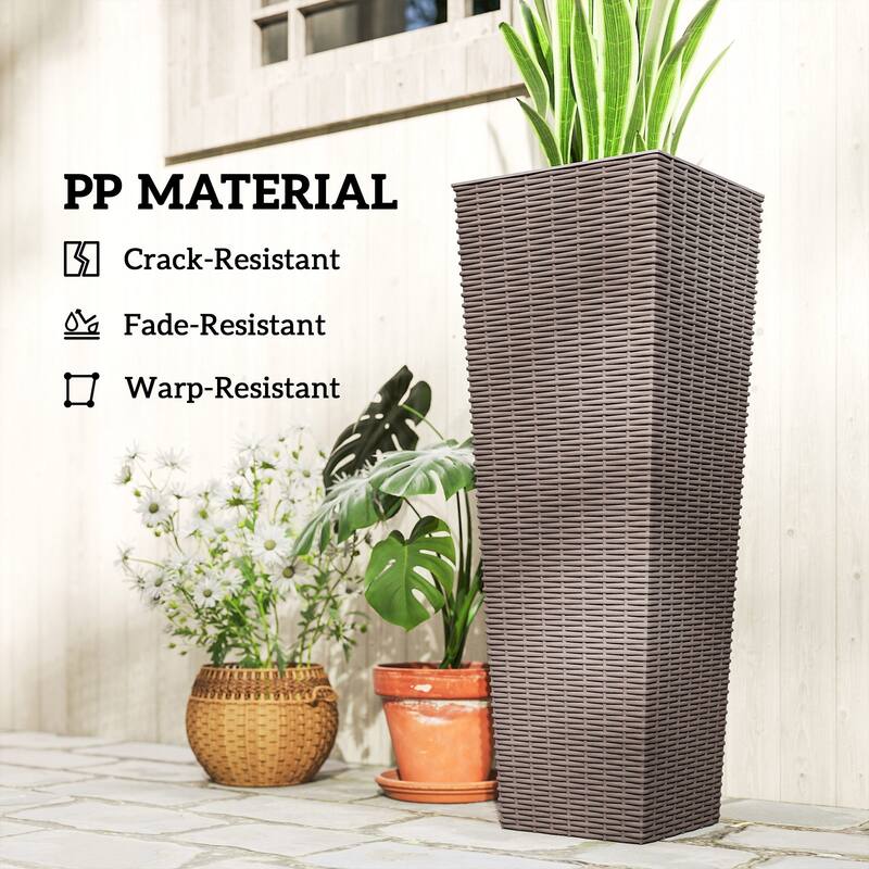 Outsunny 32 Inch Tall Planters for Outdoor Plants, Set of 2 Plastic Rattan-Like Flower Pots with Drainage Holes