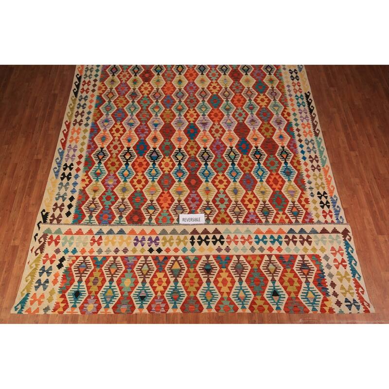 All-Over Geometric Kilim Oriental Large Rug Flatweave Wool Carpet - 10'3" x 16'6"