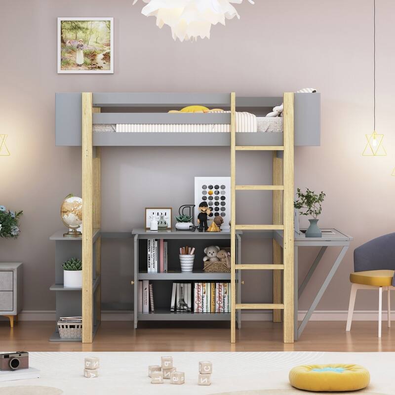 Wood Loft Bed With Built-in Storage Cabinet,Cubes and Foldable desk