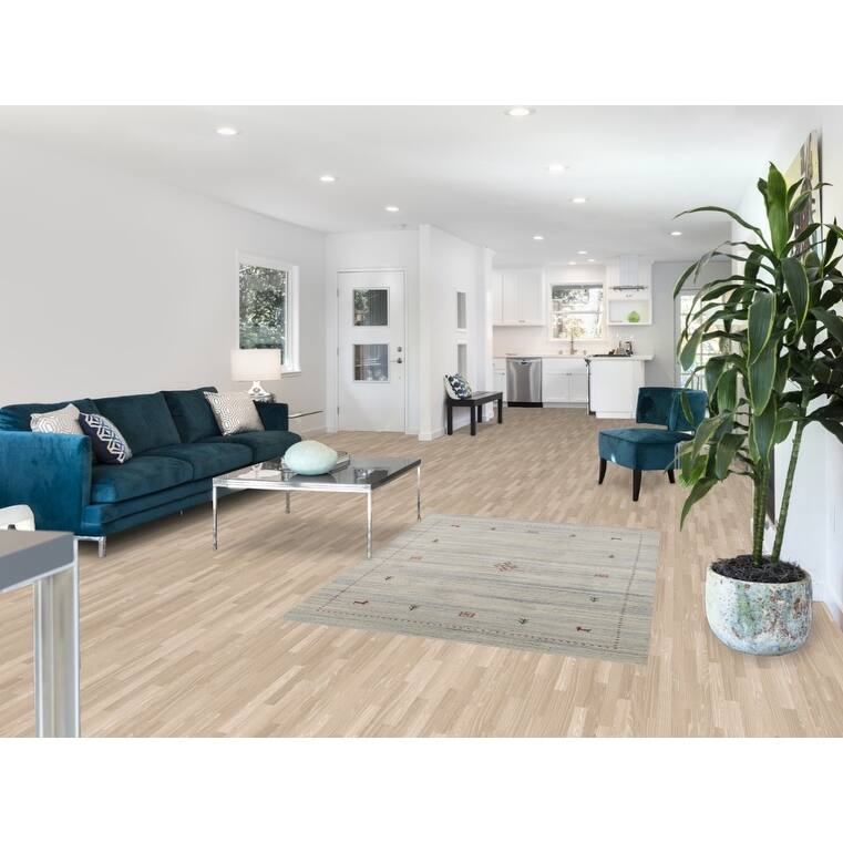 Ivory & Blue Striped Gabbeh Accent Rug Hand-Knotted Wool Carpet - 4'0"x 5'9"