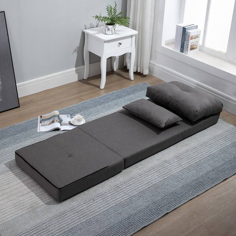Adjustable Floor Linen Sofa Bed with Backrest Folding Couch with Pillow and Steel Frame - 23.5" W x 31.5" D x 22" H - Dark-Grey