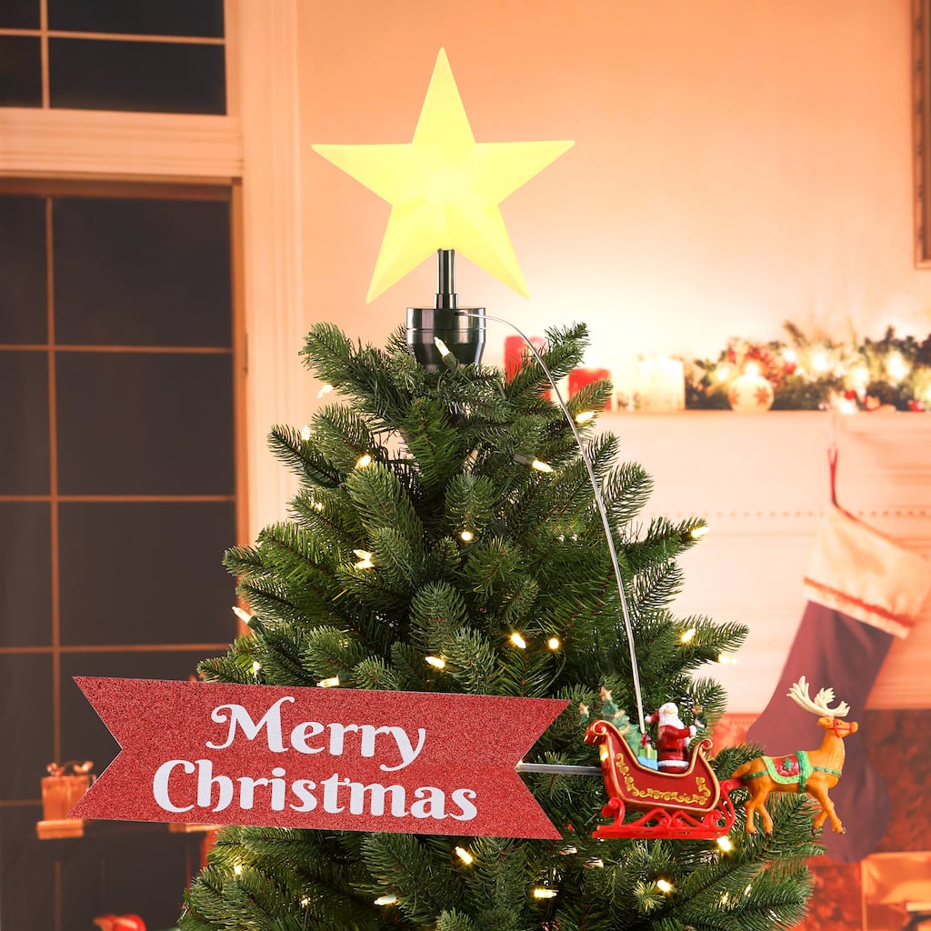 Animated Sleigh Tree Topper with Banner - White Santa