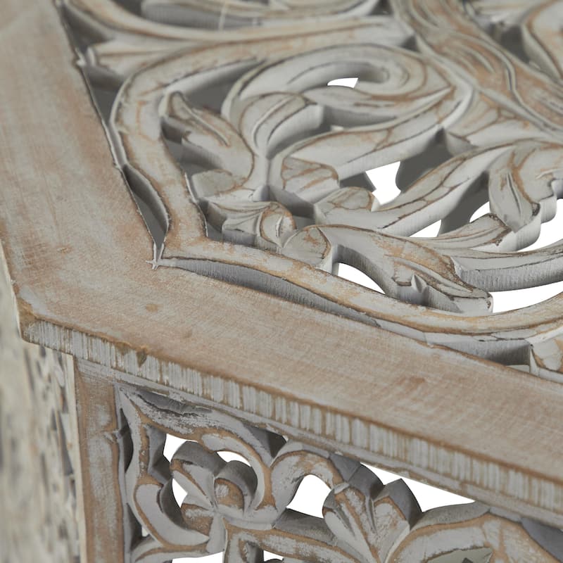 Wooden Floral Handmade Intricately Carved Coffee Table with Hollow Interior - Light Gray or Cream - Roche River Decor