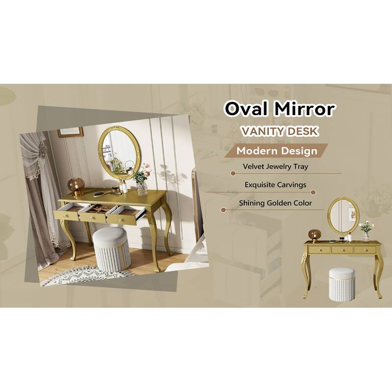 Luxury Makeup Vanity Desk with Oval Mirror, 3-Drawer Dressing Table