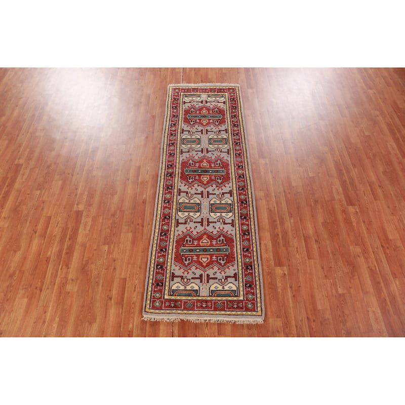 Hand Knotted Oriental 100% Wool Carpet Traditional Geometric Greys & Charcoal Heriz (serapi) Runner Rug - 7' 10'' X 2' 7''