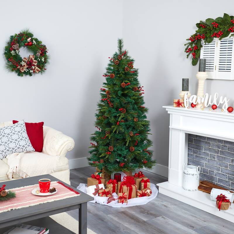 6' Mixed Pine Artificial Christmas Tree with 250 Clear LED Lights, Pine Cones and Berries