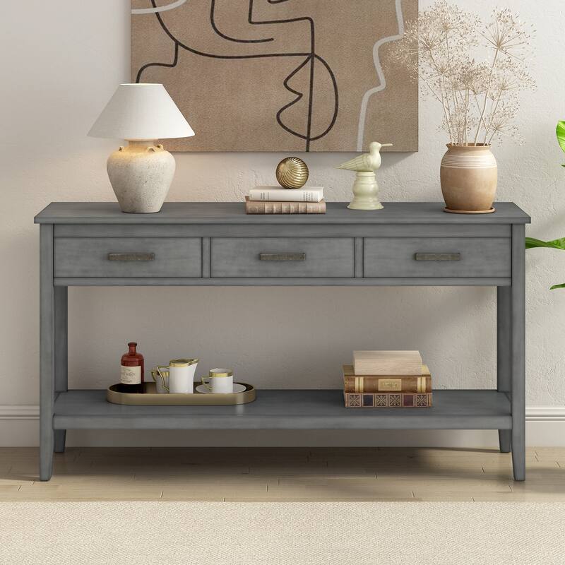 59.1" Wooden Entryway Console Table with 3 Drawers and Open Shelf