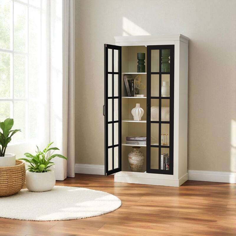 71.2" Farmhouse Pantry Cabinet with Glass Doors, Adjustable Shelves, and Lattice Window Display