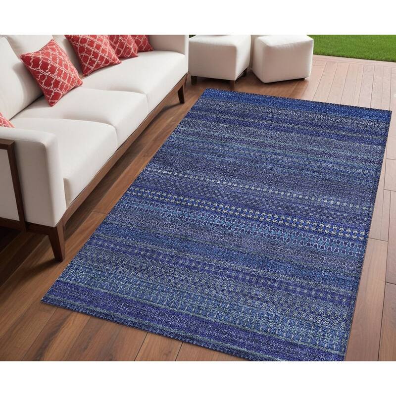 Rana Stripe Weather Resistant Blended Style Runner Outdoor Rug - 5' X 8' - Blue