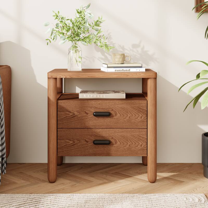 Christopher Knight Home - Modern Minimalist 23.62" Nightstand with Rounded Wood Legs & Open Storage Shelf, Multi-Functional Use - Brown - 2-drawer