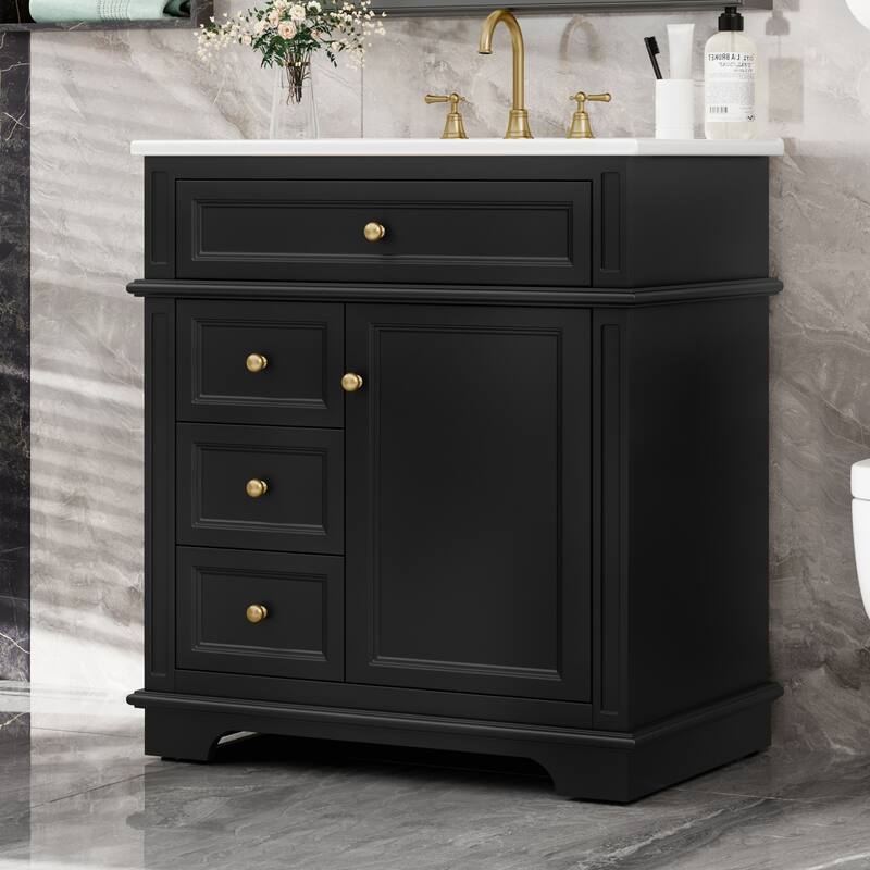 30" Bathroom Vanity with Sink, One Tip-out Drawer, Three Drawers, Door Shelf, Soft Closing Door, Black - Black