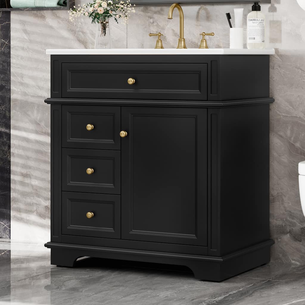 30" Bathroom Vanity with Sink, One Tip-out Drawer, Three Drawers, Door Shelf, Soft Closing Door, Black