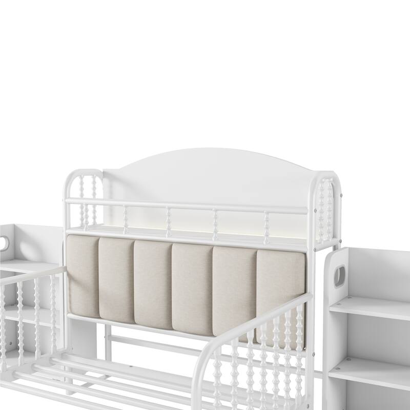 Kids Platform Bed Metal Frame with Linen Fabric Upholstered Storage Headboard Built-in Light Strip, Both Sides Rails