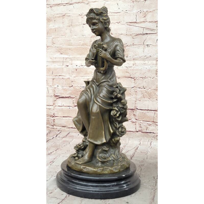 Classical Young Girl W/ Lyre Harp- Greek Roman Decor Bronze Sculpture By Milo