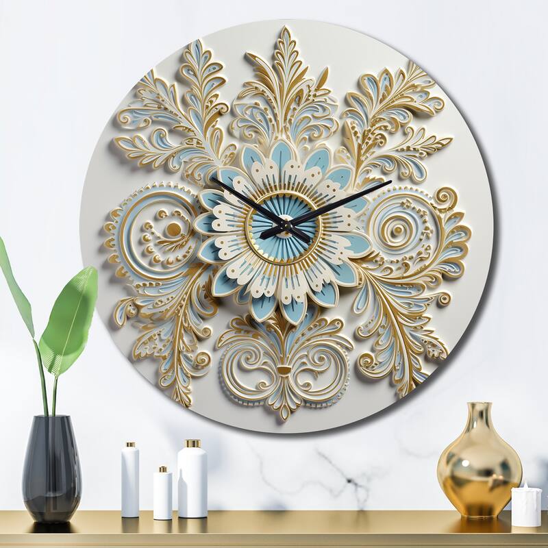 Designart "White Blue Stylish Boho Floral Arrangements" Abstract Botanicals Oversized Wall Clock - 29 In. Wide x 29 In. High