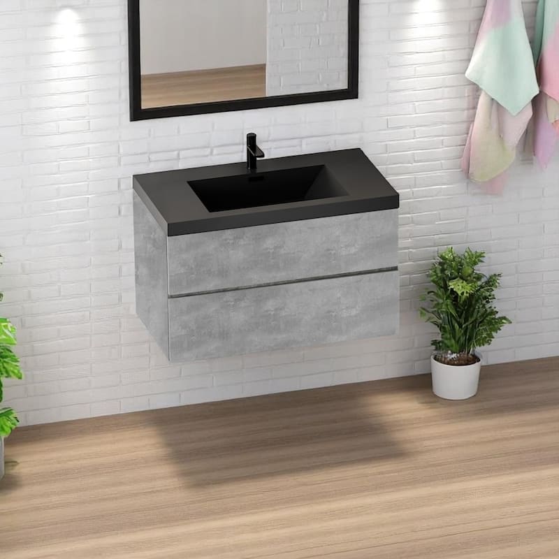 24"/30"/36"/42" Floating Bathroom Vanity with Black Quartz Sand Sink, Grey Wall-Mounted Cabinet, Soft Close Drawers