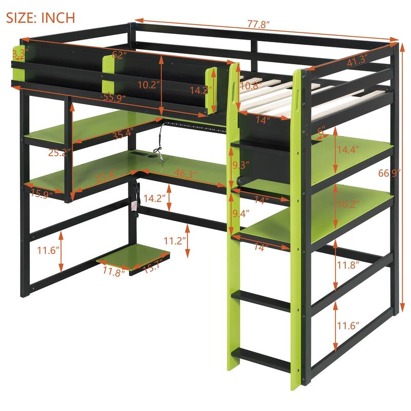 Loft Bed with Wraparound Study Hub, Side Storage Rack, USB Charging & RGB Light by Harper&Bright Designs