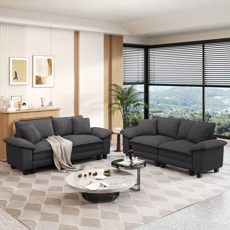 MAISON ARTS 2-Piece Chenille & Corduroy Sofa Set, Comfy 3/4/5-Seater Modular Loveseat & Armchair with Throw Pillows - Grey Corduroy(4 Pieces) - Left Facing