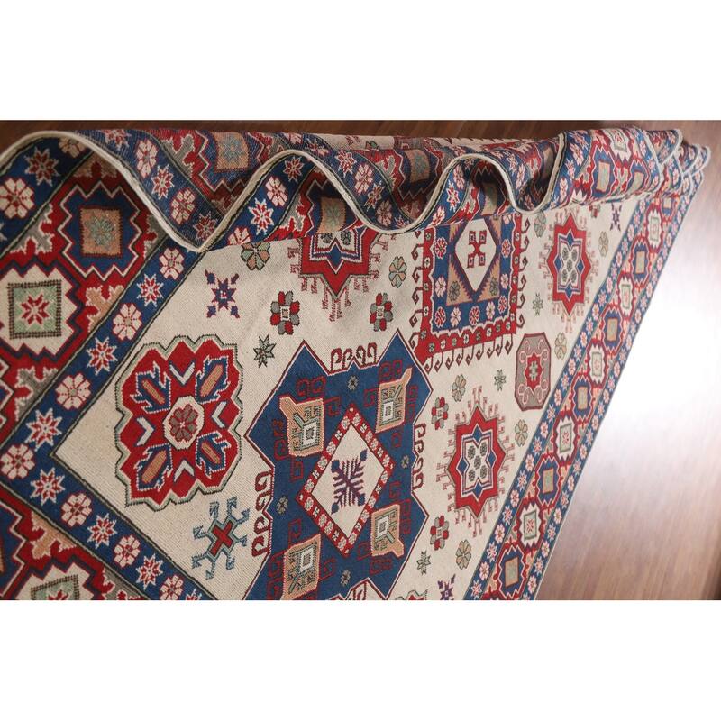 Hand Knotted Oriental 100% Wool Carpet Traditional Geometric Beige & Ivories Kazak Area Rug - 9' 7'' X 6' 7''
