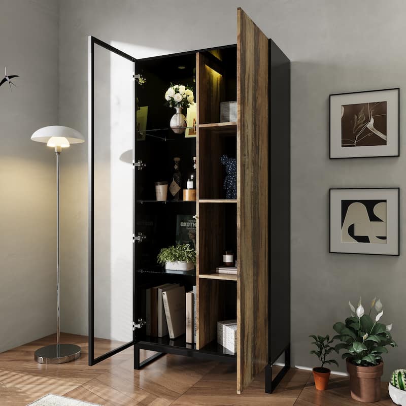 Glass Display Cabinet with LED Spotlight and Wood Grain Door Tall Aluminum Frame Curio Cabinet