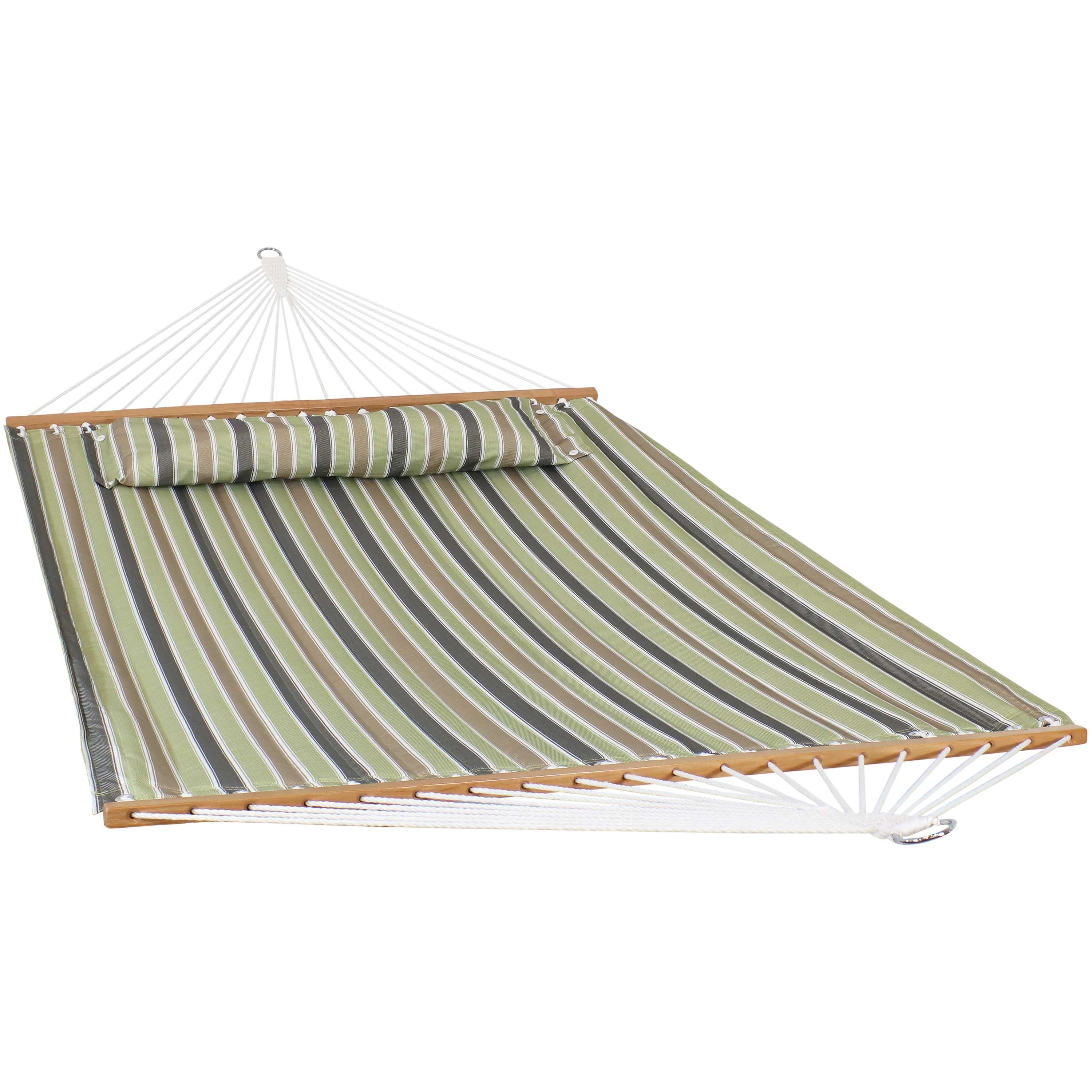Sunnydaze Decor 2-Person Fabric Spreader Bar Hammock and Pillow - Khaki Stripe