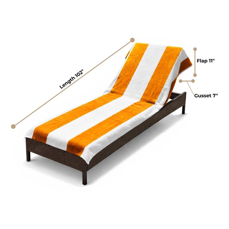 100% Cotton Cabana‑Stripe Lounge Chair Cover Terry Towel with Fitted Pocket & Back Flap Set of 2