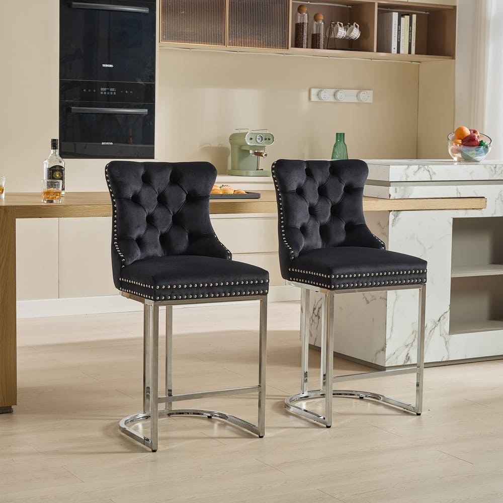 Counter Height Bar Stools Set of 2, Velvet Upholstered Accent Chairs with Button Back, Rivet Trim and Chromed Metal Base Legs