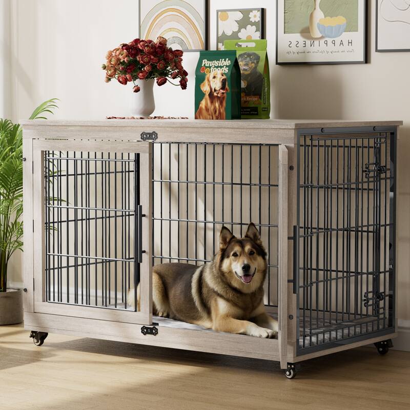 Dog Crate Indoor Heavy Duty Double Doors Wooden Dog Cage with Cushion
