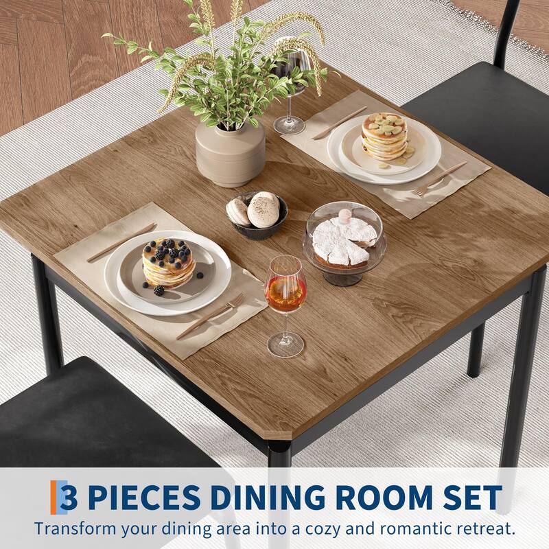 3 Piece Dining Table Set, with 2 PU Upholstered Chair