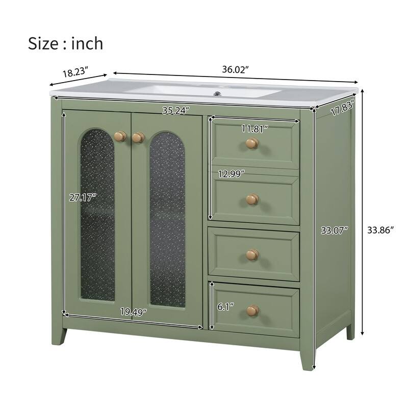30''/36'' Bathroom Vanity with Sink, 3 Drawers Bathroom Storage Cabinet with Soft-Close Glass Door and Adjustable Shelf
