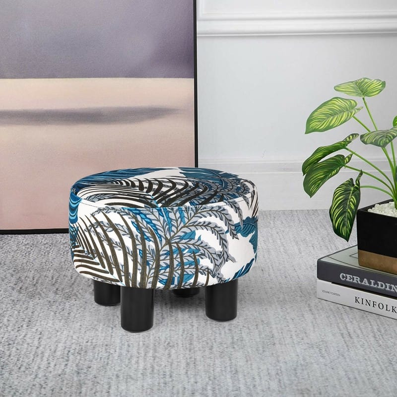 Adeco Small Round Ottoman Fabric Footrest Modern Padded Footstool