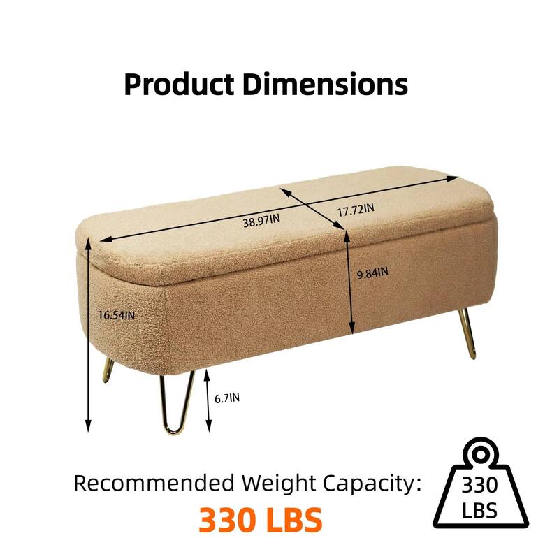 Modern Faux Fur Storage Ottoman Bench with Gold Legs for Living Room, Bedroom, Entryway