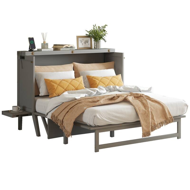 Murphy Cabinet Bed with USB Port and Removable Shelves on Each Side, Space-Saving Cube Cabinet Bed with Desk