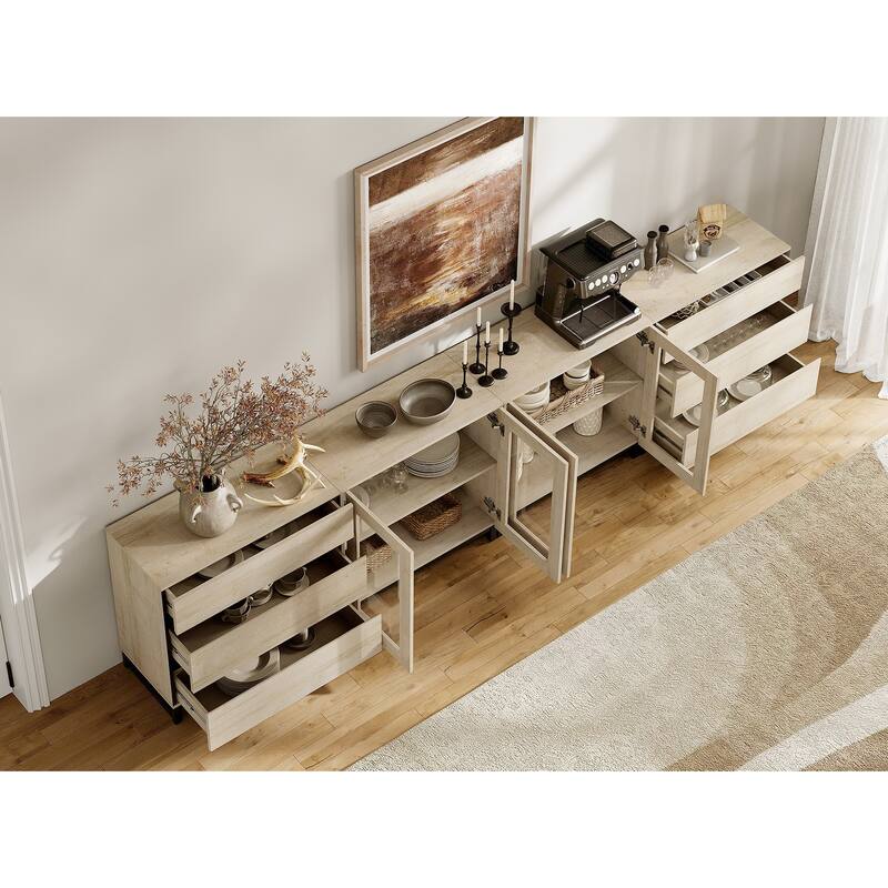 4 in 1 Storage Cabinet with 6 Drawers & Glass Doors, Modern Sideboard Credenza with Adjustable Shelves, Coffee Bar for Kitchen