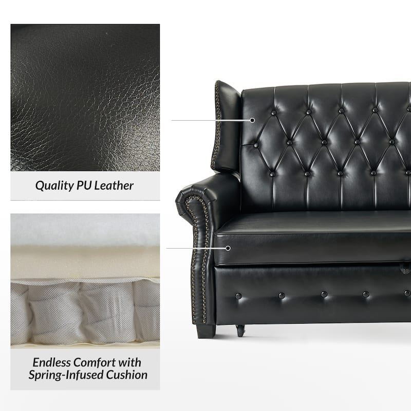 Ruedi Transitional 73.6" Vegan Leather Sofa Bed with Tufted Back and Nailhead by HULALA HOME