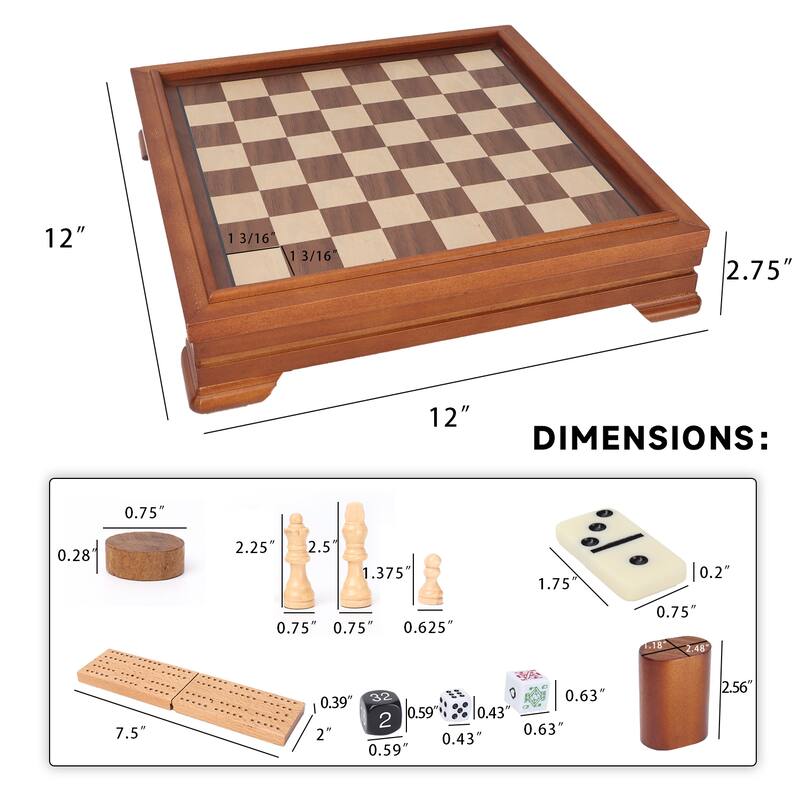 Deluxe 7-in-1 Chess/Checkers/Backgammon/Dominoes/Cribbage Board/Playing Card/Poker Dice Board Game Combo Set