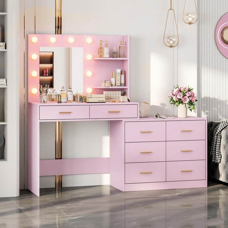 61" Makeup Vanity Desk with Mirror and Lights, 8 Drawers, 2 Shelves