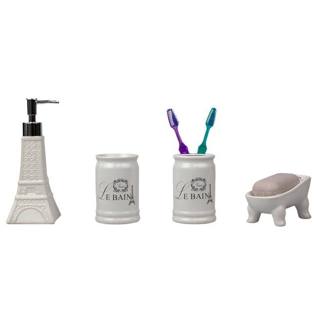 Le Bain Paris Eiffel Tower 4 Piece Ceramic Bath Accessory Set, White