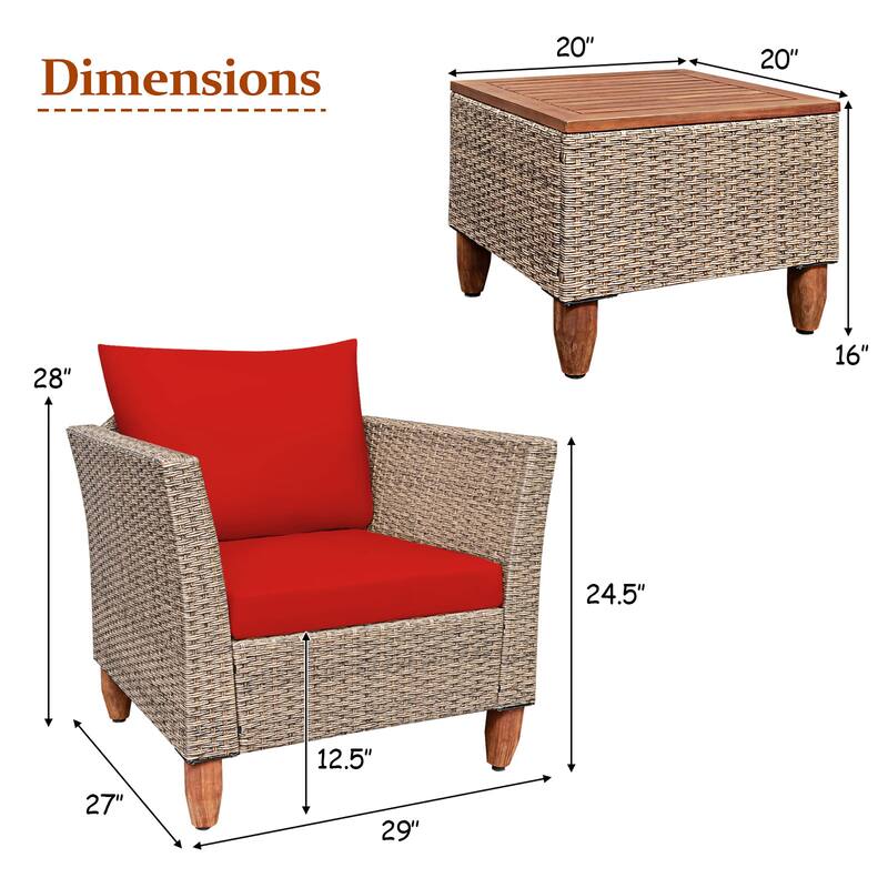 Costway 3PCS Patio Wicker Rattan Sofa Set Furniture Acacia Wood